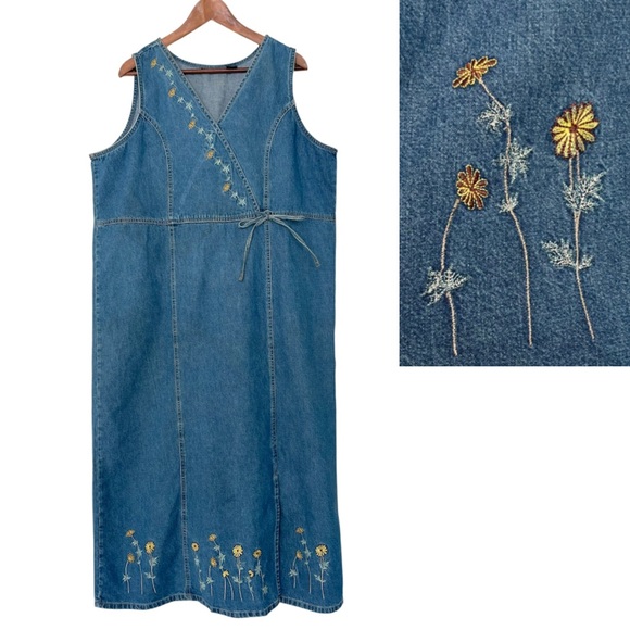 Speed Limit Dresses & Skirts - Speed Limit Denim Maxi Dress 1X Sleeveless Embroidered Daisies Cottagecore 90s